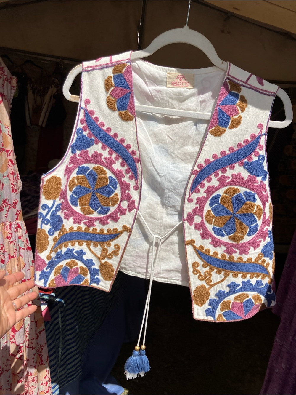 Embroidered ecru Vest with Pink, Blue & ochre  floral Accents m or L .
New !